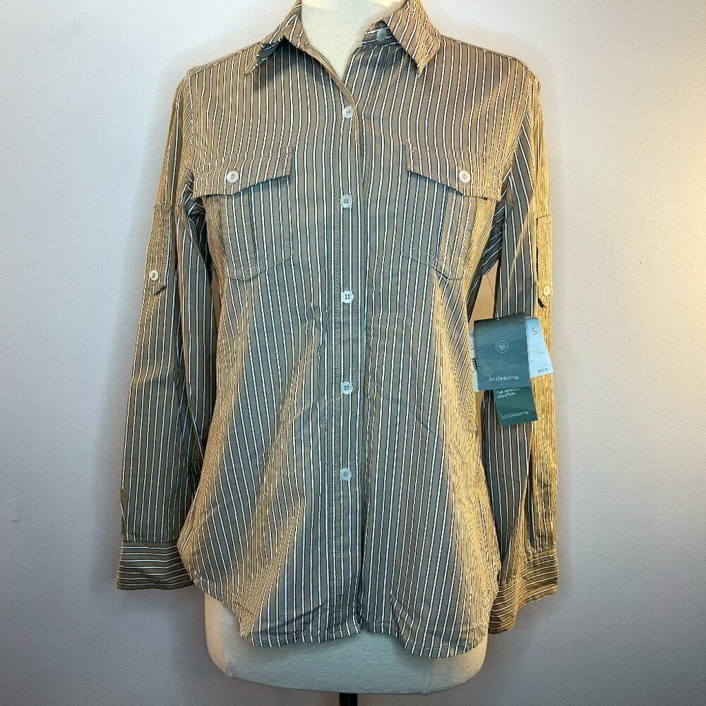 Liz Claiborne Tan Striped Button Up Shirt - Size Small - NWT $59